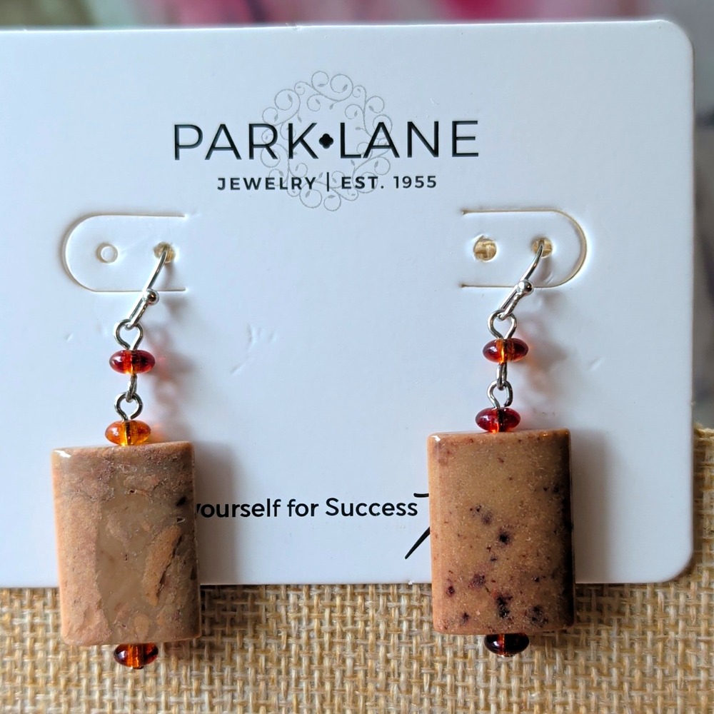 Park Lane Brown Rectangle Stone Beaded Dangle Drop Earrings Silver Tone Hook